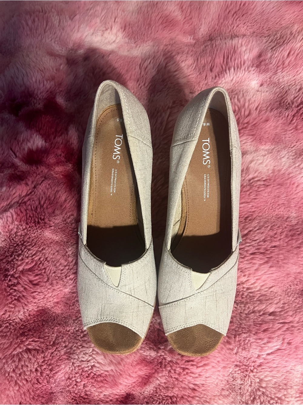 TOMS Women's Light Beige Canvas Peep-Toe Flats